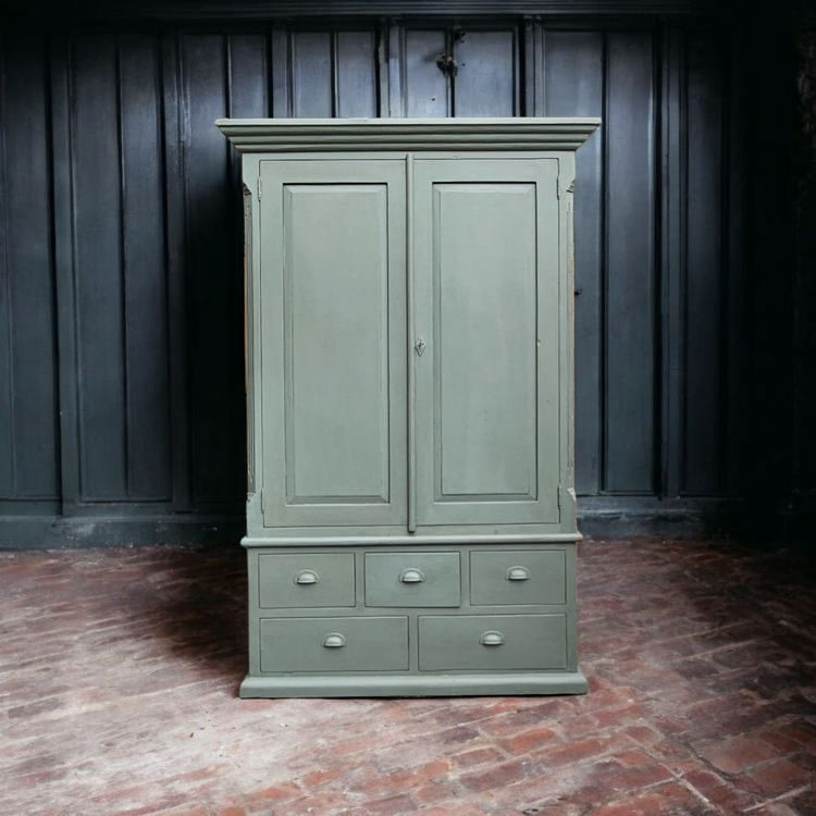 Vintage linen housekeepers cupboard armoire distressed Farrow & Ball Green Smoke