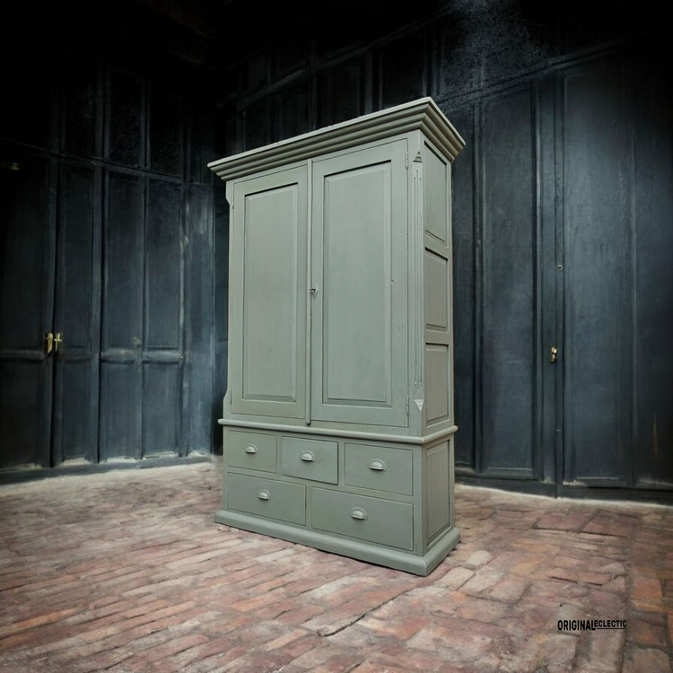 Vintage linen housekeepers cupboard armoire distressed Farrow & Ball Green Smoke