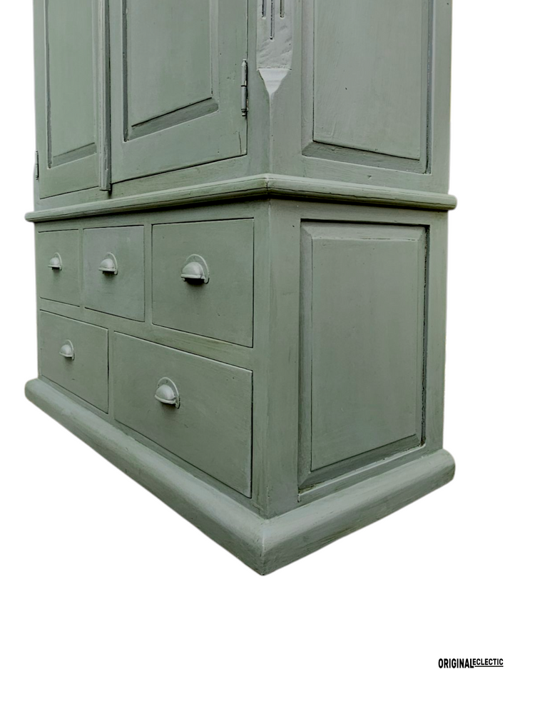 Vintage linen housekeepers cupboard armoire distressed Farrow & Ball Green Smoke