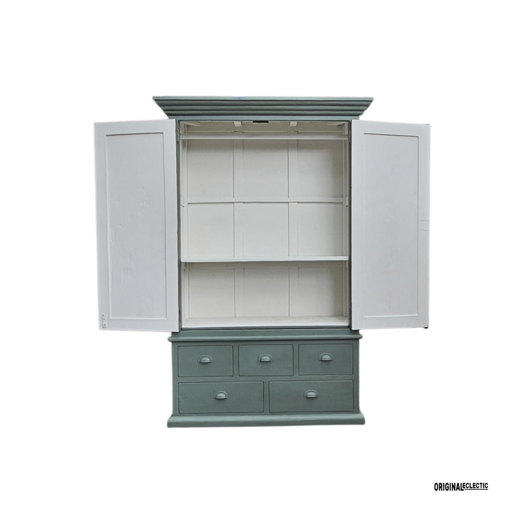 Vintage linen housekeepers cupboard armoire distressed Farrow & Ball Green Smoke