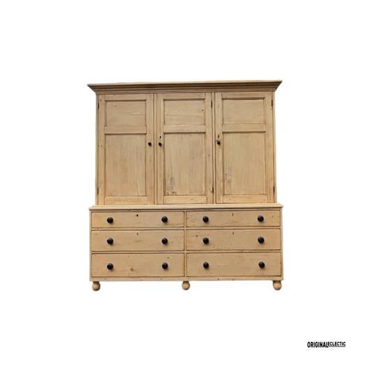 Huge Victorian pine housekeeper cupboard dresser with drawers