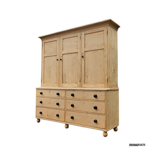 Huge Victorian pine housekeeper cupboard dresser with drawers
