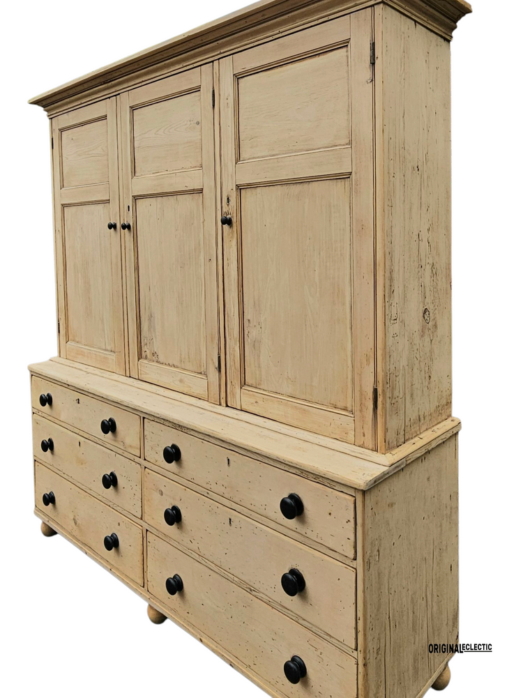 Huge Victorian pine housekeeper cupboard dresser with drawers