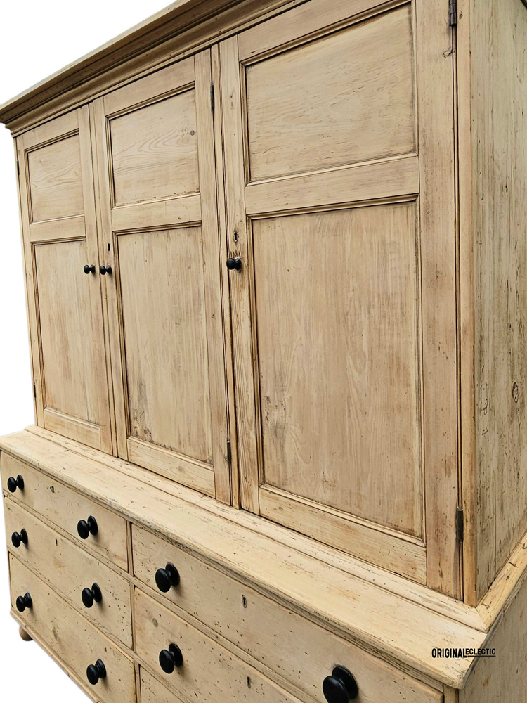 Huge Victorian pine housekeeper cupboard dresser with drawers