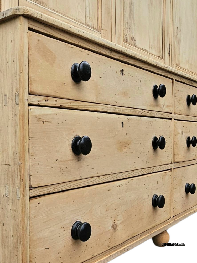 Huge Victorian pine housekeeper cupboard dresser with drawers