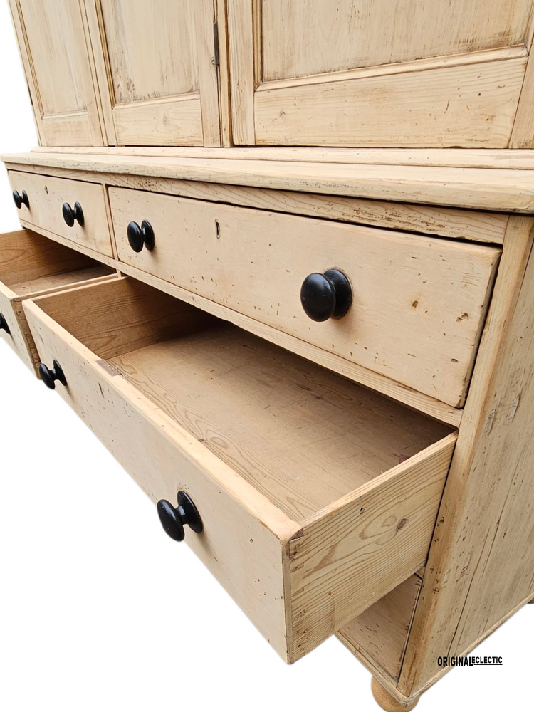 Huge Victorian pine housekeeper cupboard dresser with drawers