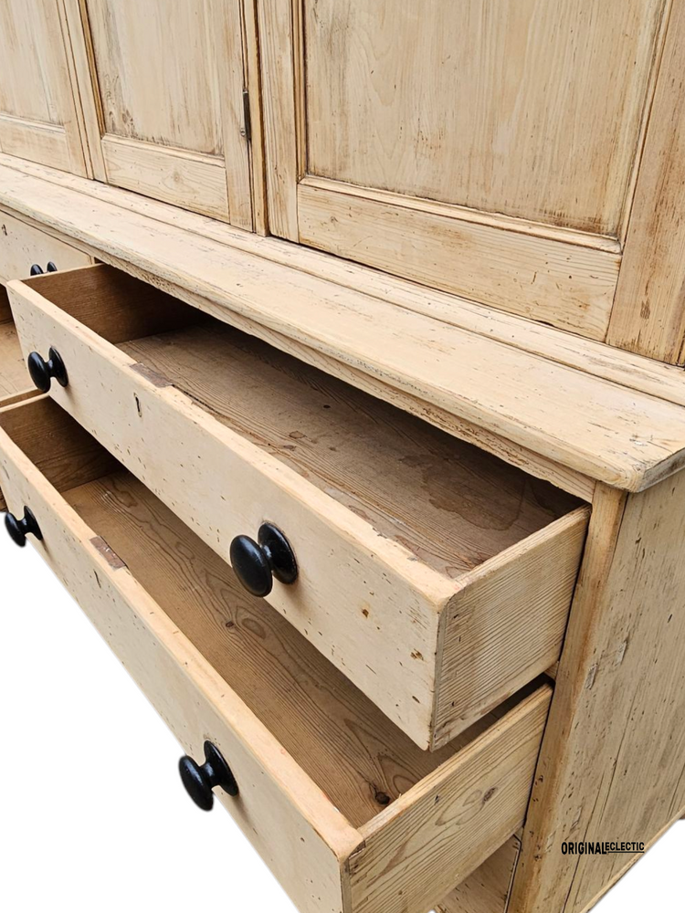 Huge Victorian pine housekeeper cupboard dresser with drawers