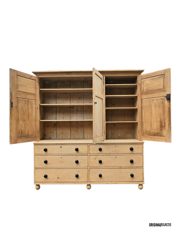 Huge Victorian pine housekeeper cupboard dresser with drawers