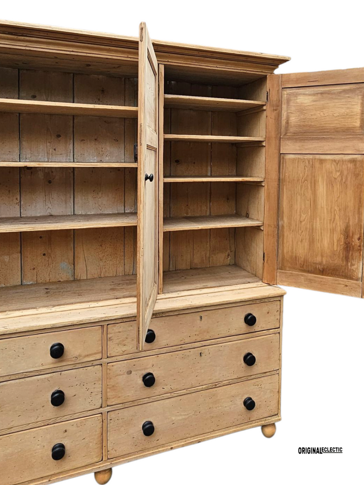 Huge Victorian pine housekeeper cupboard dresser with drawers