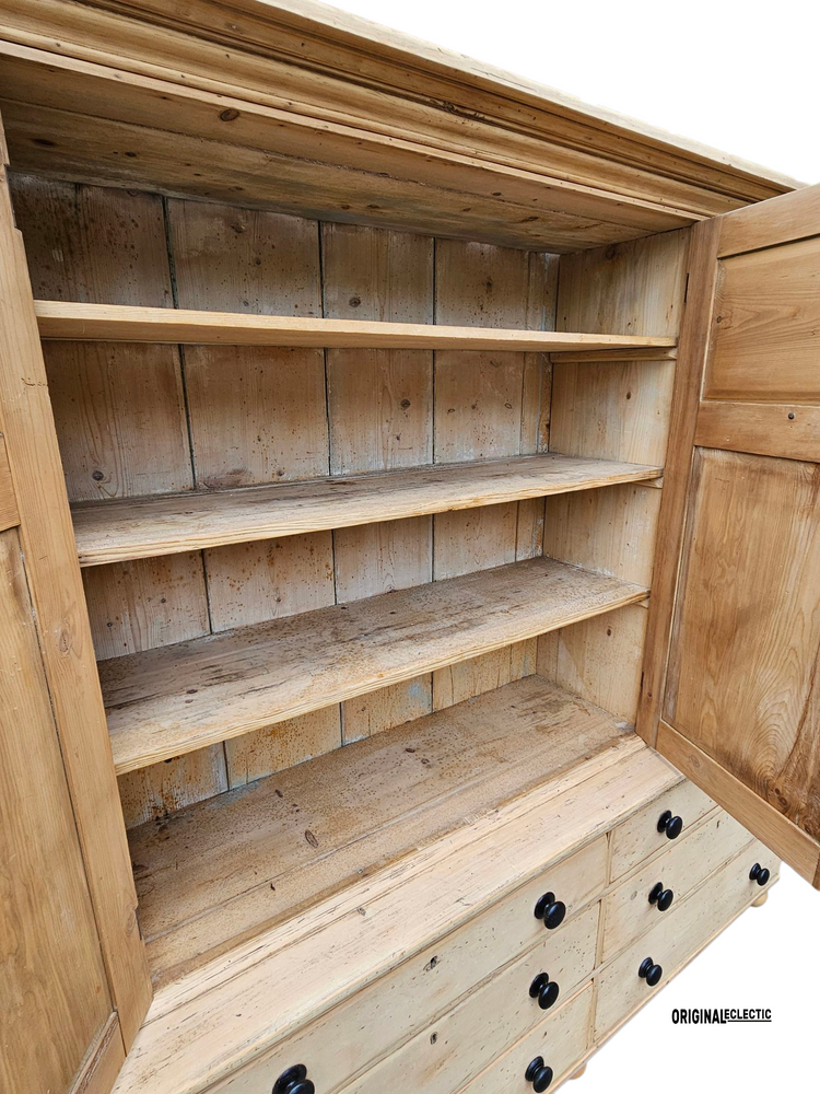 Huge Victorian pine housekeeper cupboard dresser with drawers