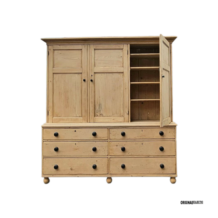 Huge Victorian pine housekeeper cupboard dresser with drawers