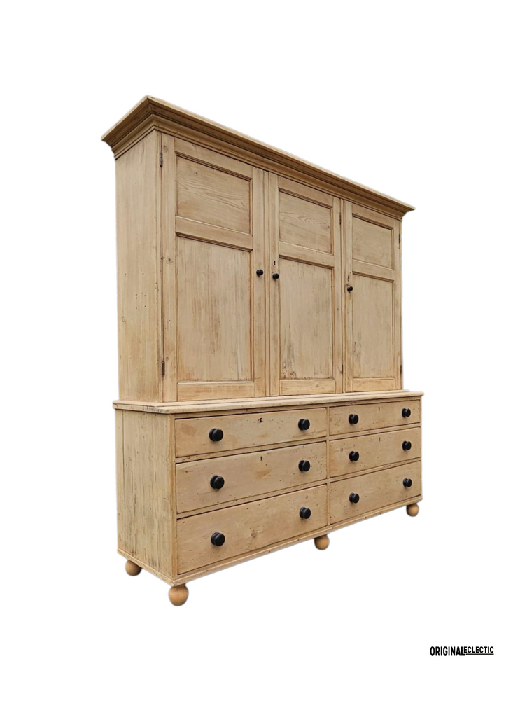 Huge Victorian pine housekeeper cupboard dresser with drawers