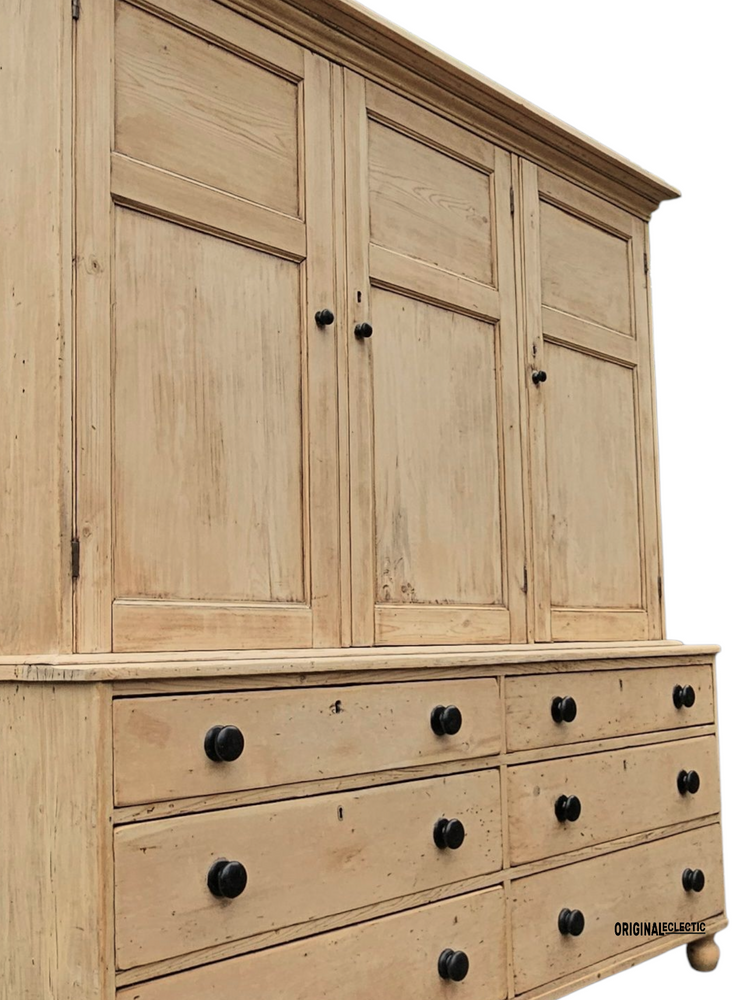 Huge Victorian pine housekeeper cupboard dresser with drawers