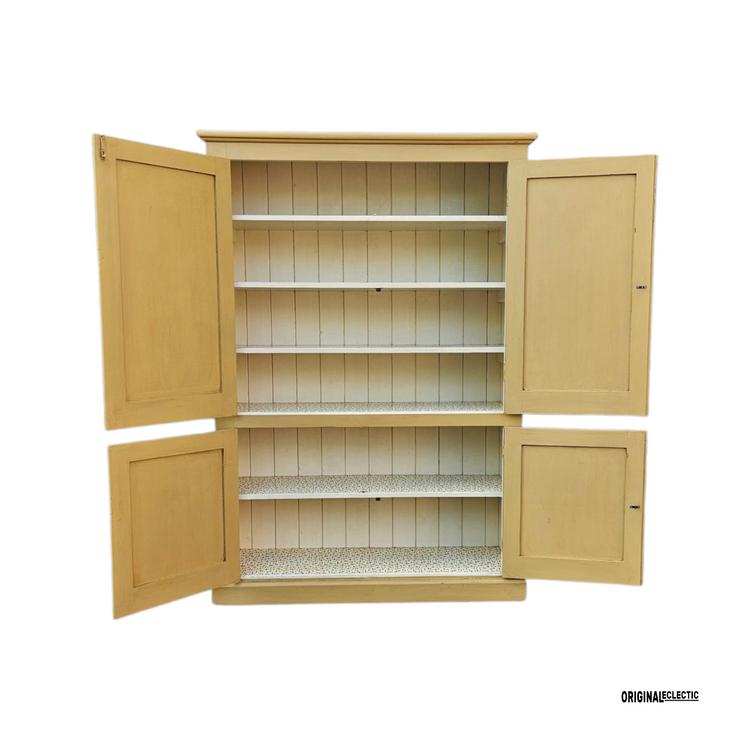 Large antique pine housekeepers linen cupboard mustard yellow