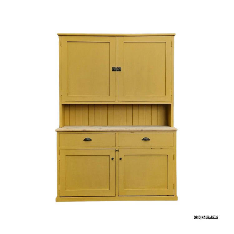 Large antique pine housekeepers Cupboard Dresser mustard yellow