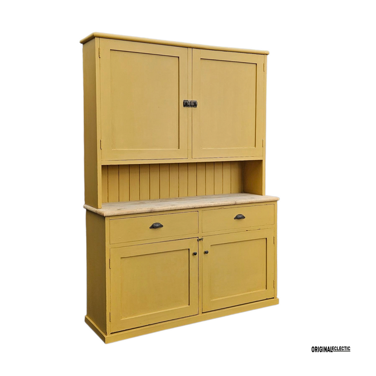 Large antique pine housekeepers Cupboard Dresser mustard yellow