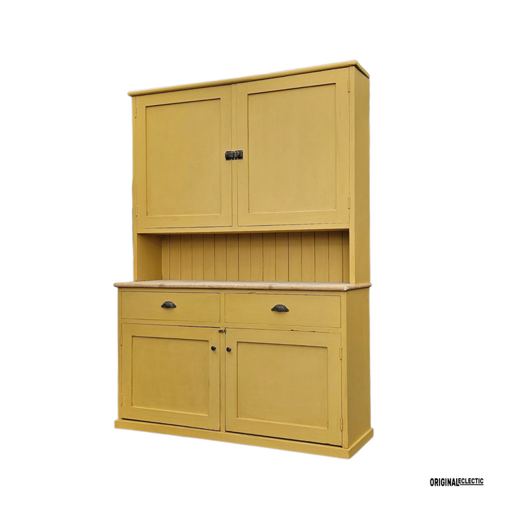 Large antique pine housekeepers Cupboard Dresser mustard yellow