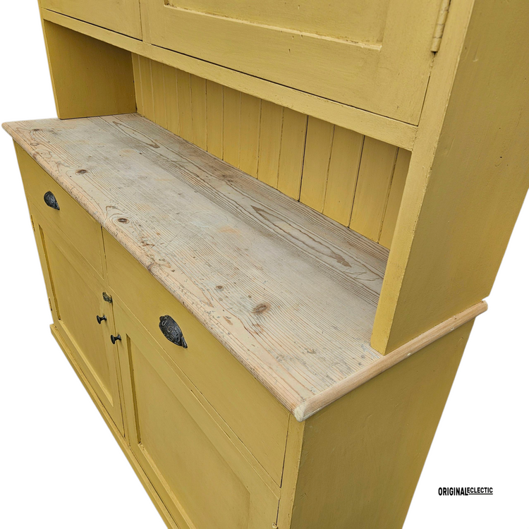 Large antique pine housekeepers Cupboard Dresser mustard yellow
