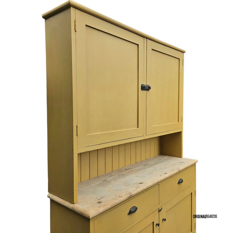 Large antique pine housekeepers Cupboard Dresser mustard yellow