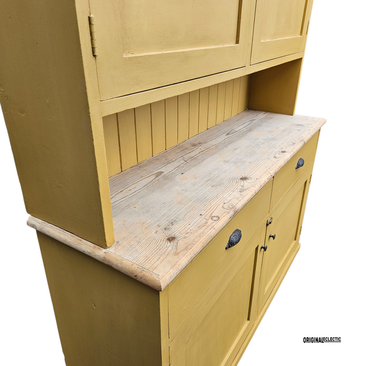 Large antique pine housekeepers Cupboard Dresser mustard yellow