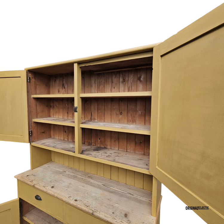 Large antique pine housekeepers Cupboard Dresser mustard yellow