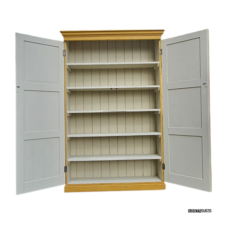 Large antique pine housekeepers school Cupboard mustard yellow