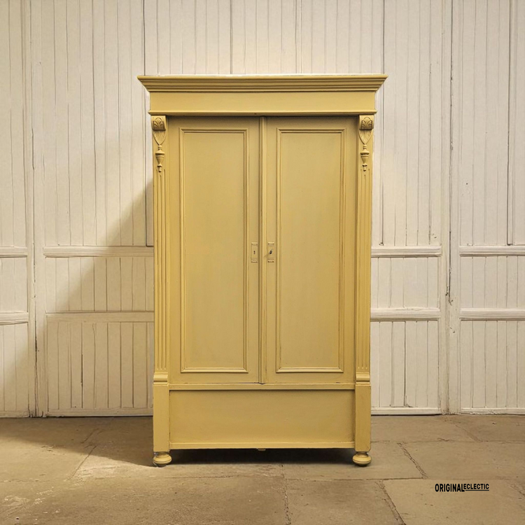 Antique pine wardrobe linen Cupboard mustard yellow