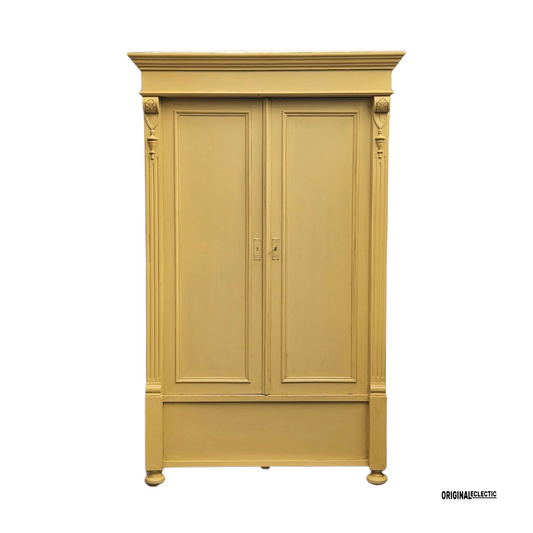 Antique pine wardrobe linen Cupboard mustard yellow