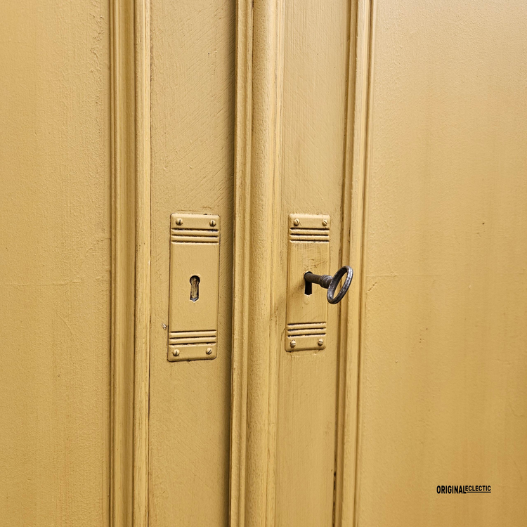 Antique pine wardrobe linen Cupboard mustard yellow