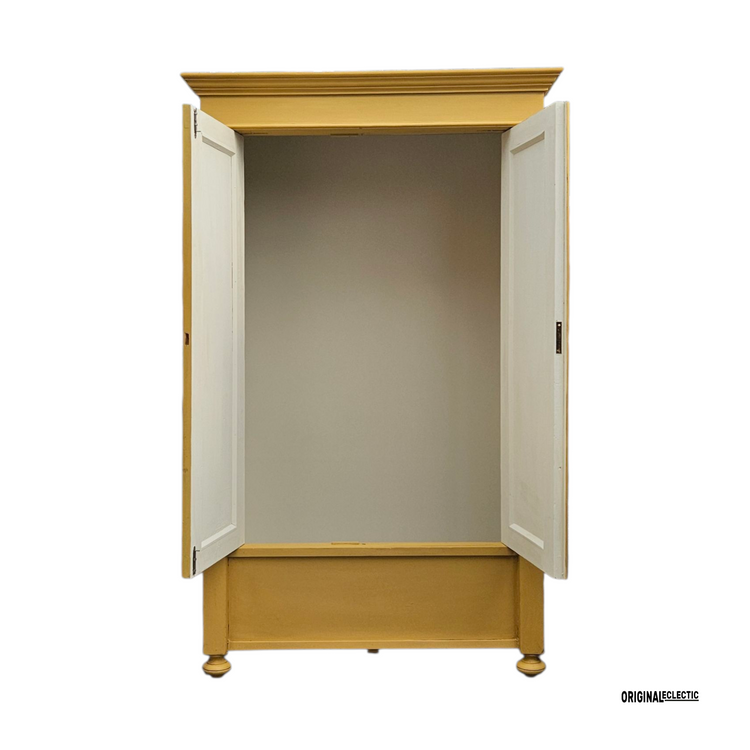 Antique pine wardrobe linen Cupboard mustard yellow