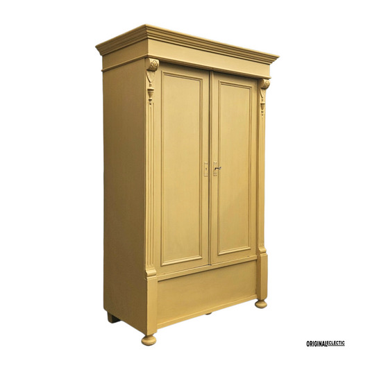 Antique pine wardrobe linen Cupboard mustard yellow