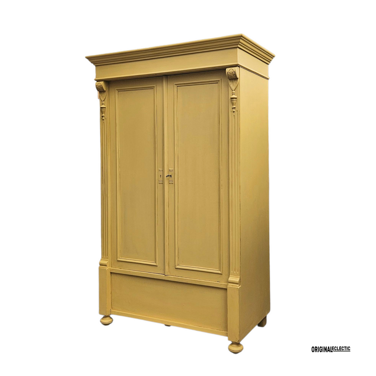 Antique pine wardrobe linen Cupboard mustard yellow