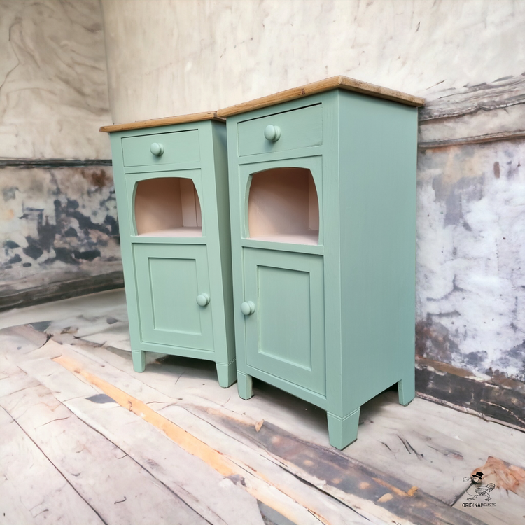 Beautiful Old Pair Antique Pine Bedside cabinets Drawer Green/Pink paintwork