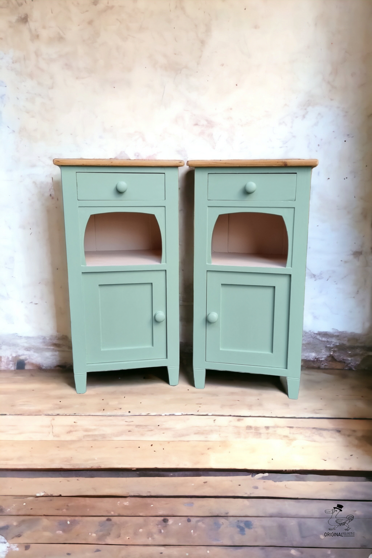 Beautiful Old Pair Antique Pine Bedside cabinets Drawer Green/Pink paintwork