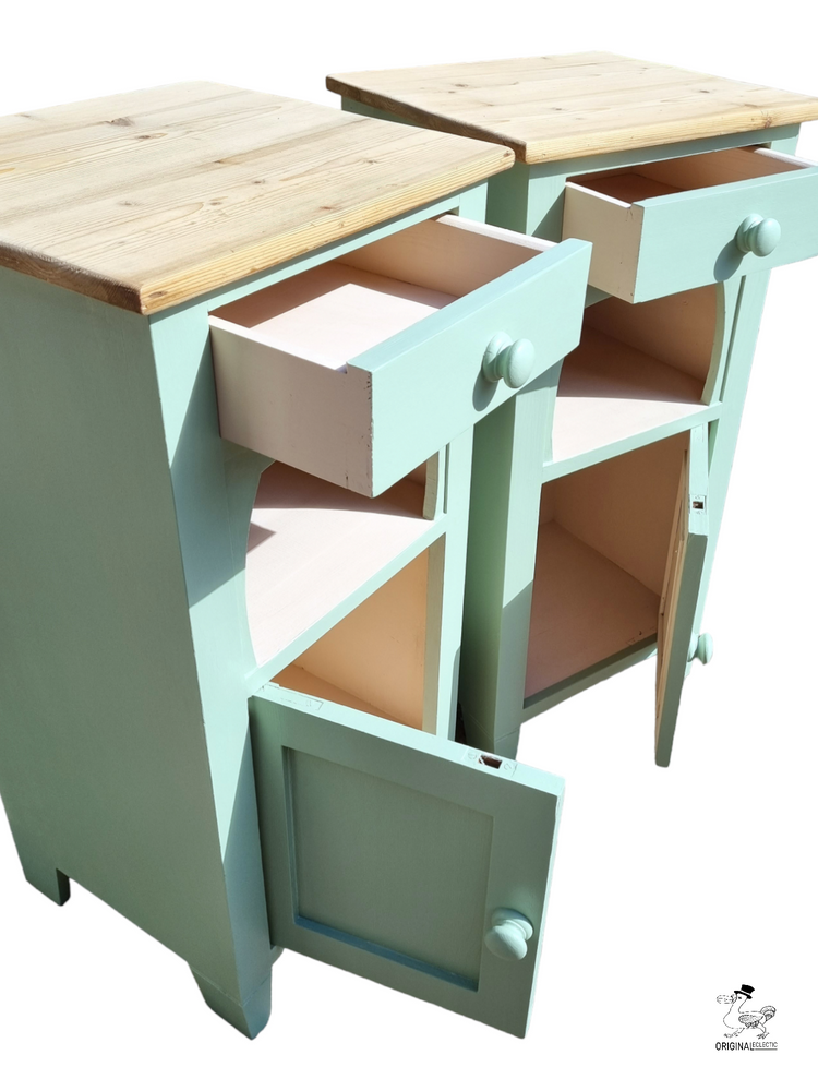 Beautiful Old Pair Antique Pine Bedside cabinets Drawer Green/Pink paintwork