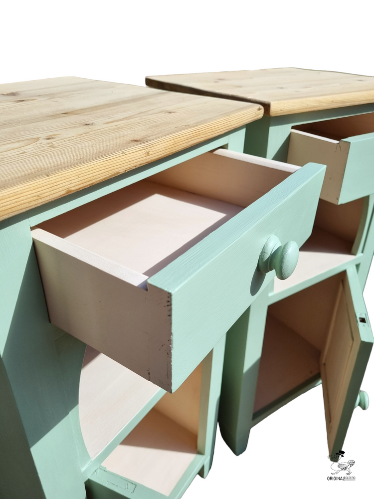 Beautiful Old Pair Antique Pine Bedside cabinets Drawer Green/Pink paintwork