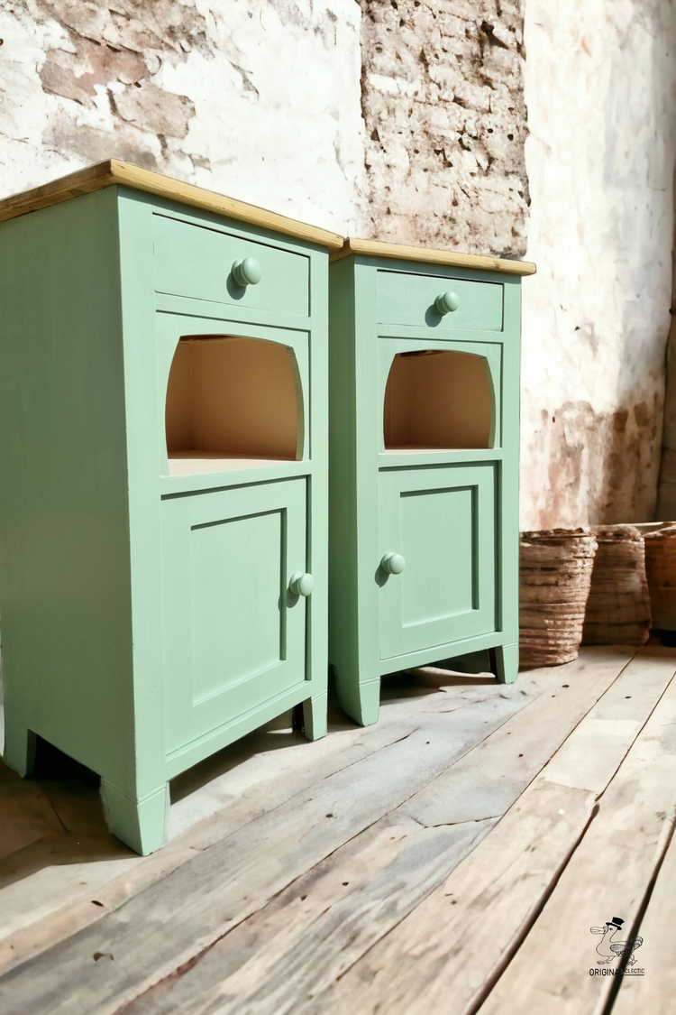 Beautiful Old Pair Antique Pine Bedside cabinets Drawer Green/Pink paintwork