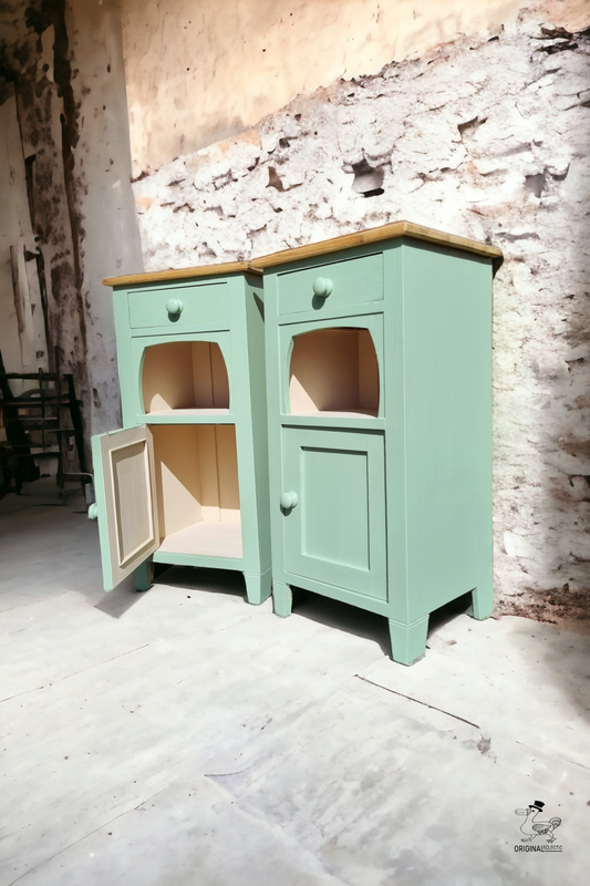 Beautiful Old Pair Antique Pine Bedside cabinets Drawer Green/Pink paintwork
