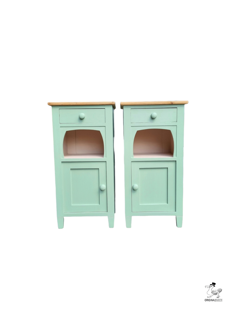Beautiful Old Pair Antique Pine Bedside cabinets Drawer Green/Pink paintwork