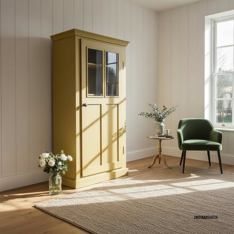 Antique glazed linen Cupboard mustard yellow