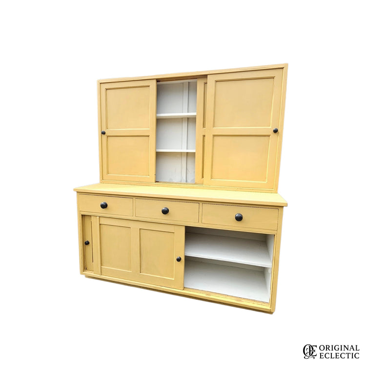 Large mustard yellow antique pine housekeepers cupboard