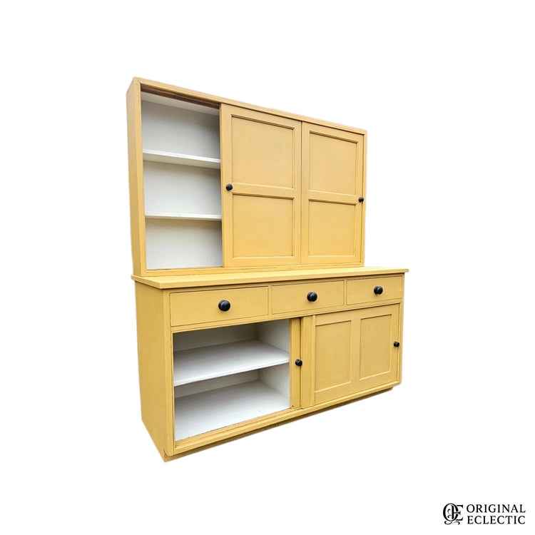 Large mustard yellow antique pine housekeepers cupboard