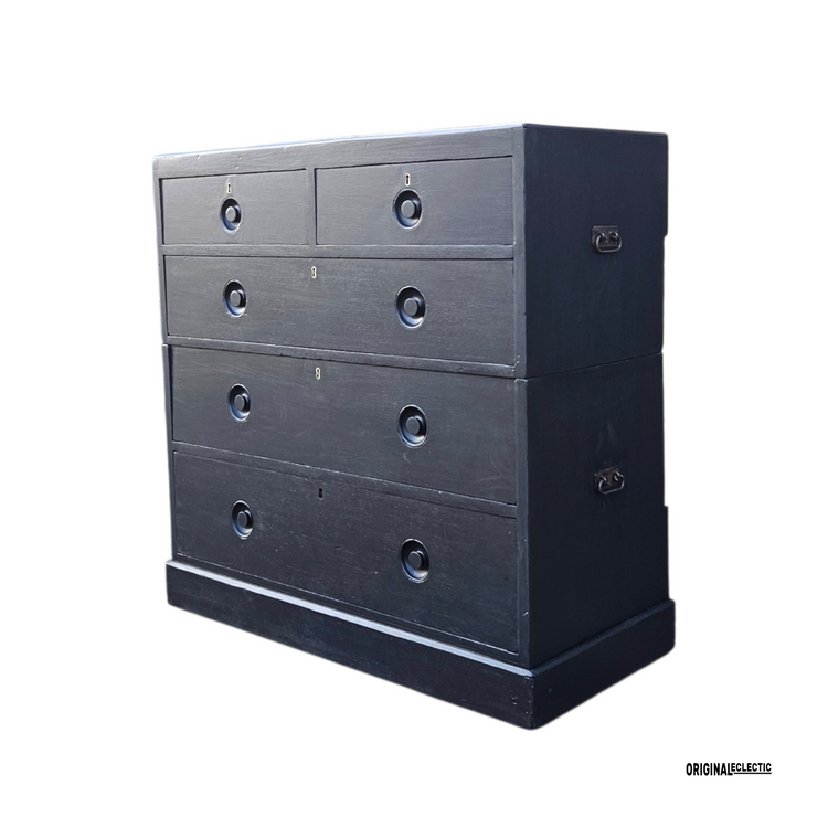 Victorian ebonised campaign military chest of drawers mahogany
