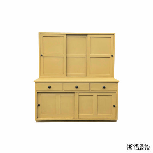 Large mustard yellow antique pine housekeepers cupboard