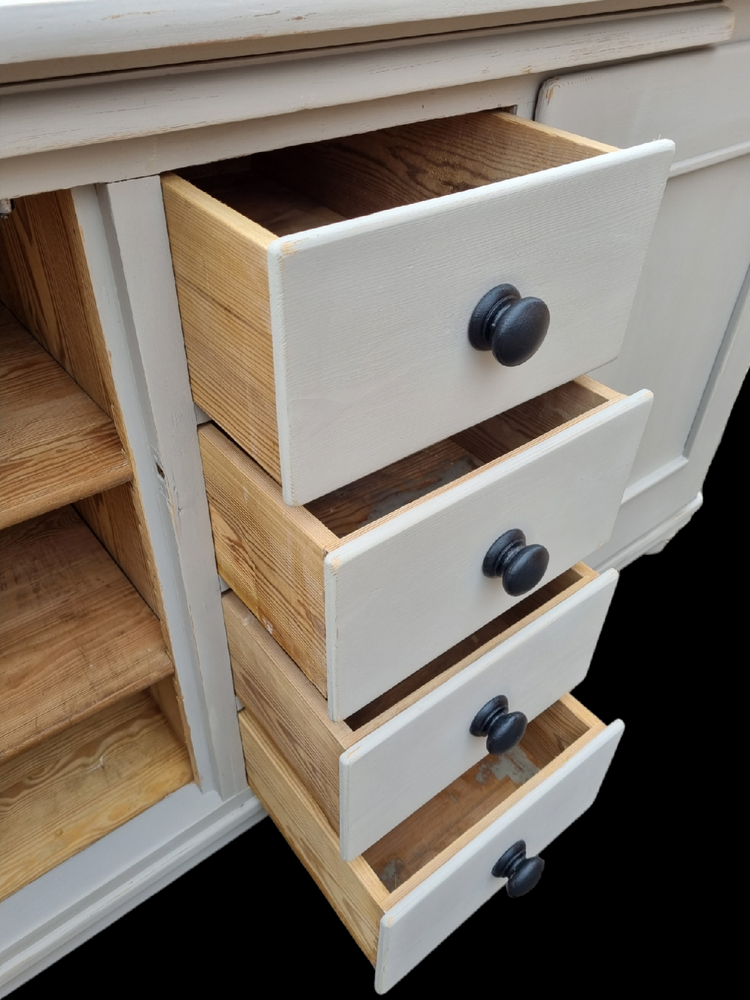Quality painted antique pines sideboard base with drawers ebonised knobs