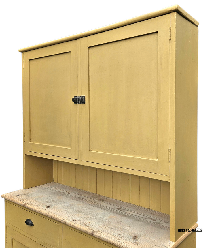 Large antique pine housekeepers Cupboard Dresser mustard yellow