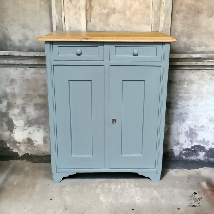 French Antique Pine Cupboard Dresser Base With Drawers F & B Blue & Pink Worn Paint