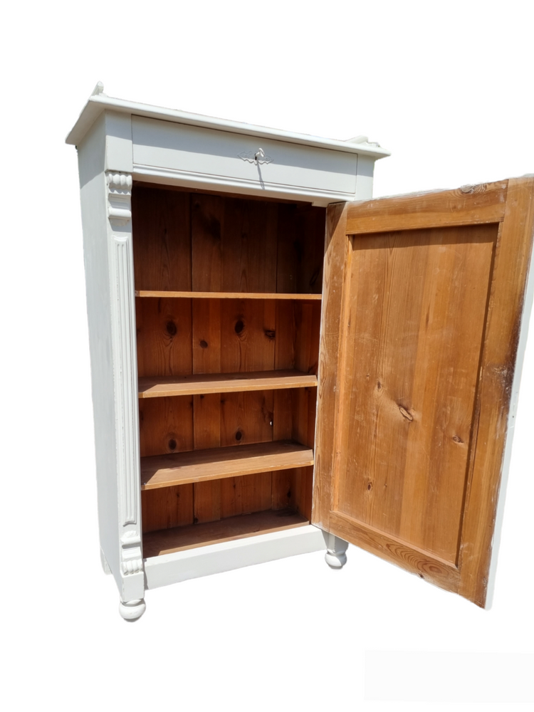 French Antique Pine Vertigo Linen Cupboard Base With Drawer Off white Worn Paint