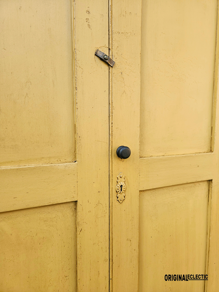 English antique pine storage Cupboard Rustic Farrow and Ball India Yellow