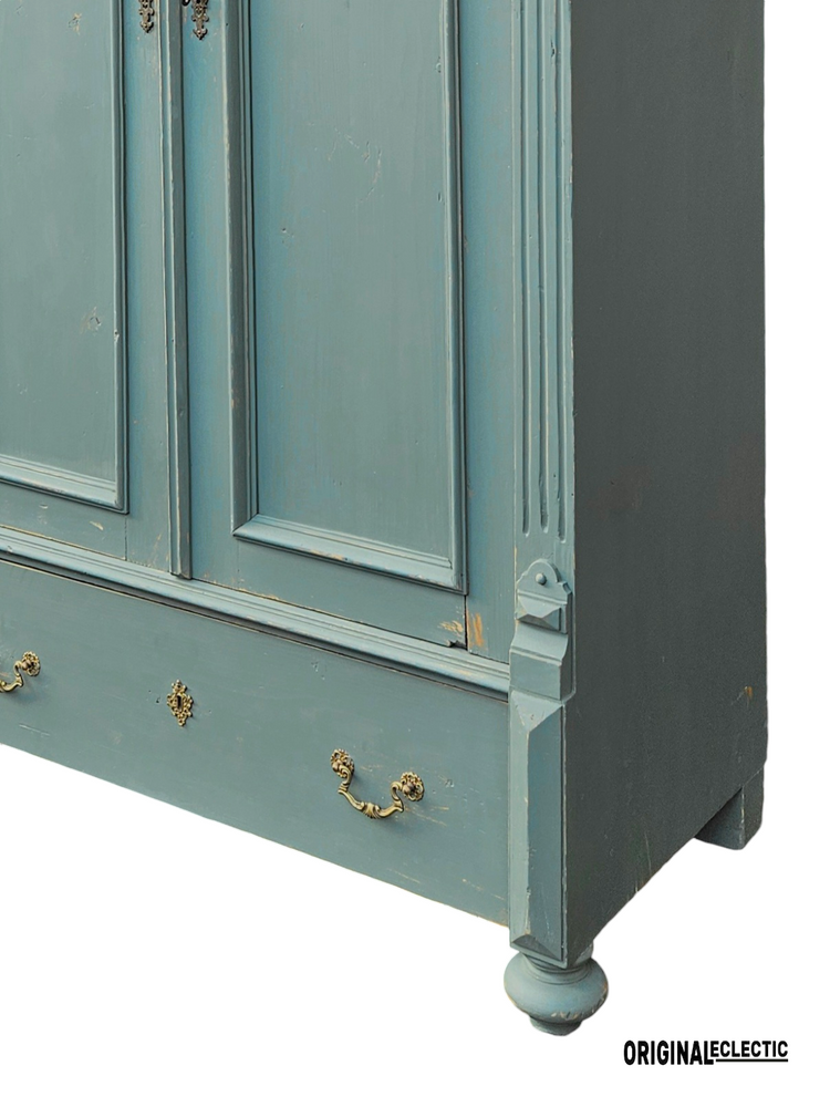 Antique Pine Linen Cupboard Armoire Distressed Farrow & Ball Green Smoke